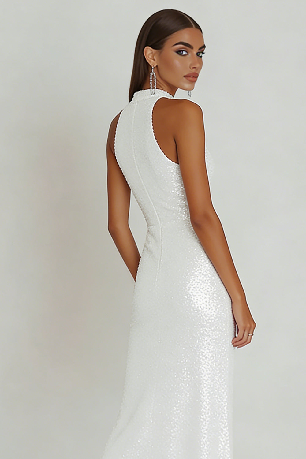 Sparkly White Sheath Sequins Sleeveless Maxi Engagement Dress