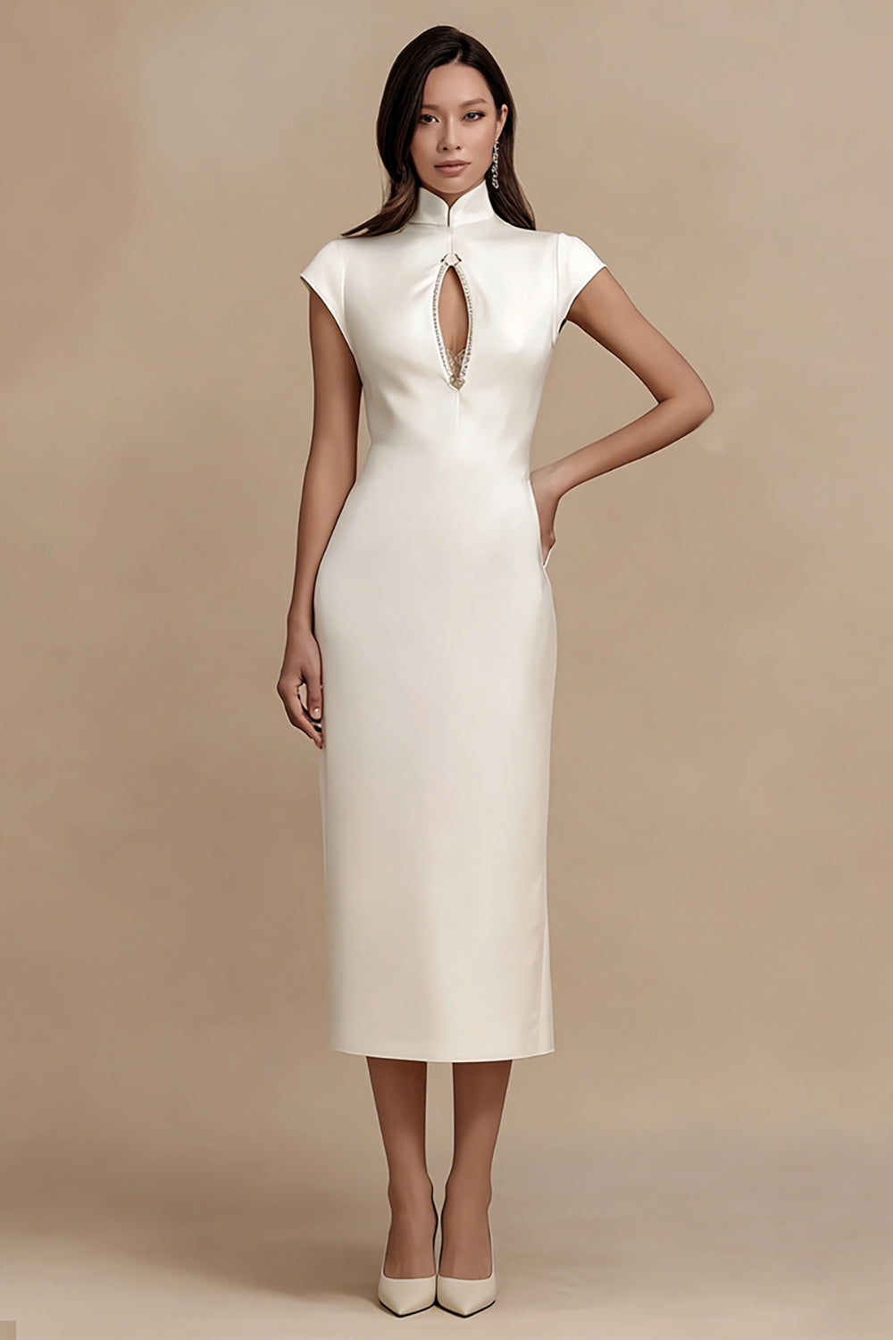 Ivory Sheath Satin Cap Sleeves Keyhole Midi Engagement Dress