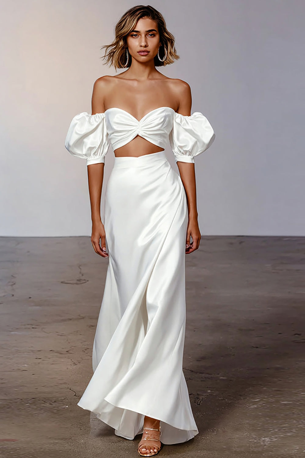White Satin Puff Sleeves Long Engagement Dress with Ruffles