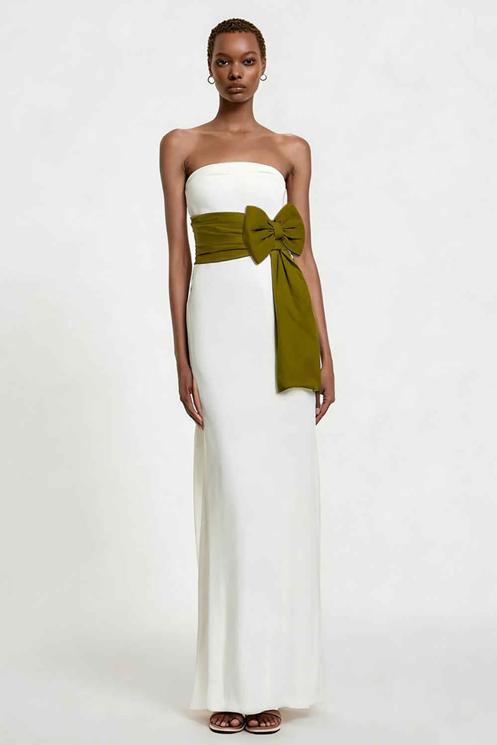 White Sheath Strapless Maxi Rehearsal Dinner Dress with Bow