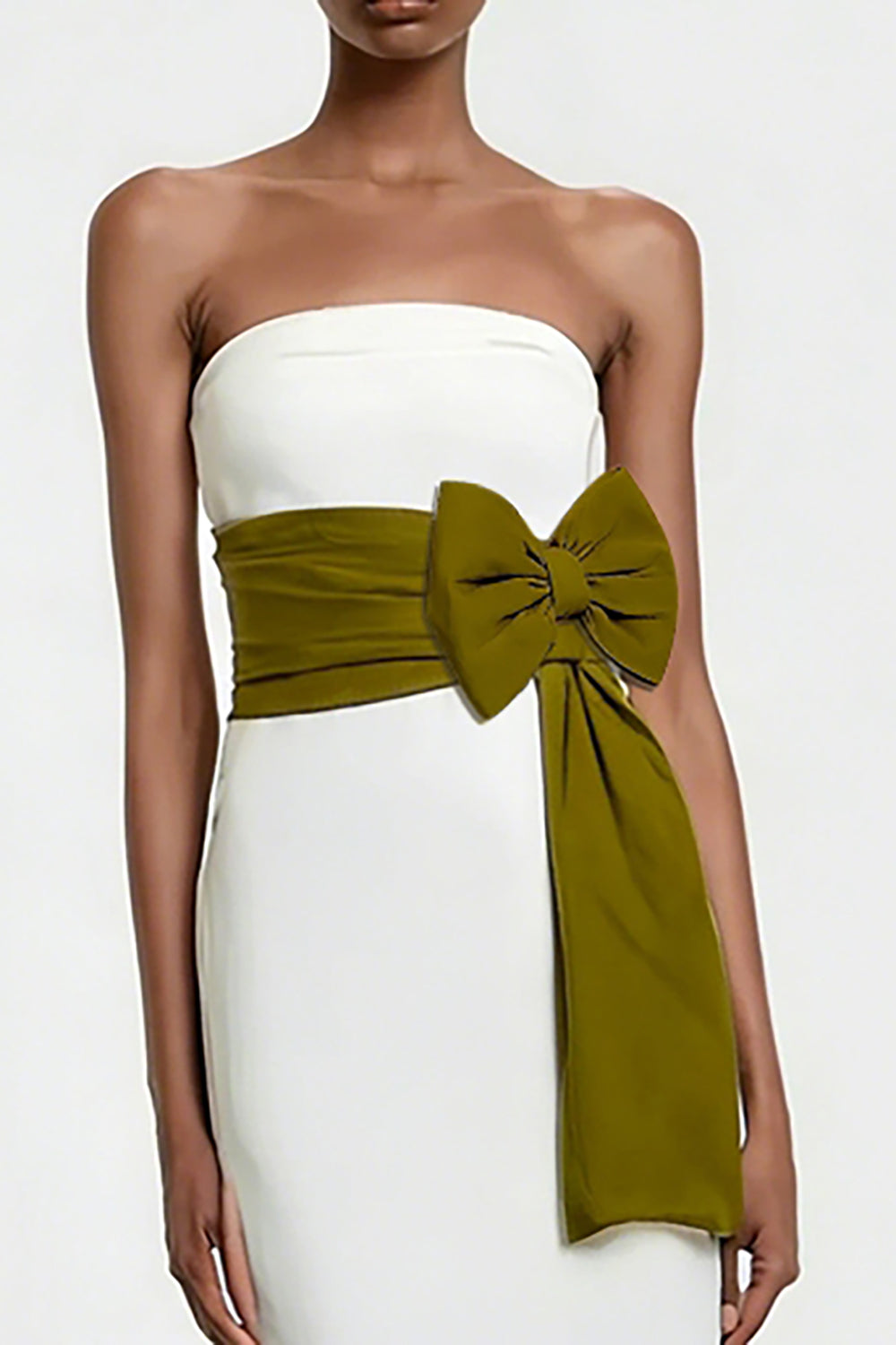 White Sheath Strapless Maxi Rehearsal Dinner Dress with Bow