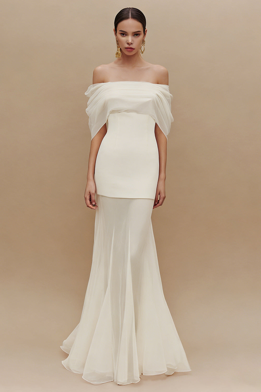 Ivory Off the Shoulder Sheath Maxi Engagement Dress
