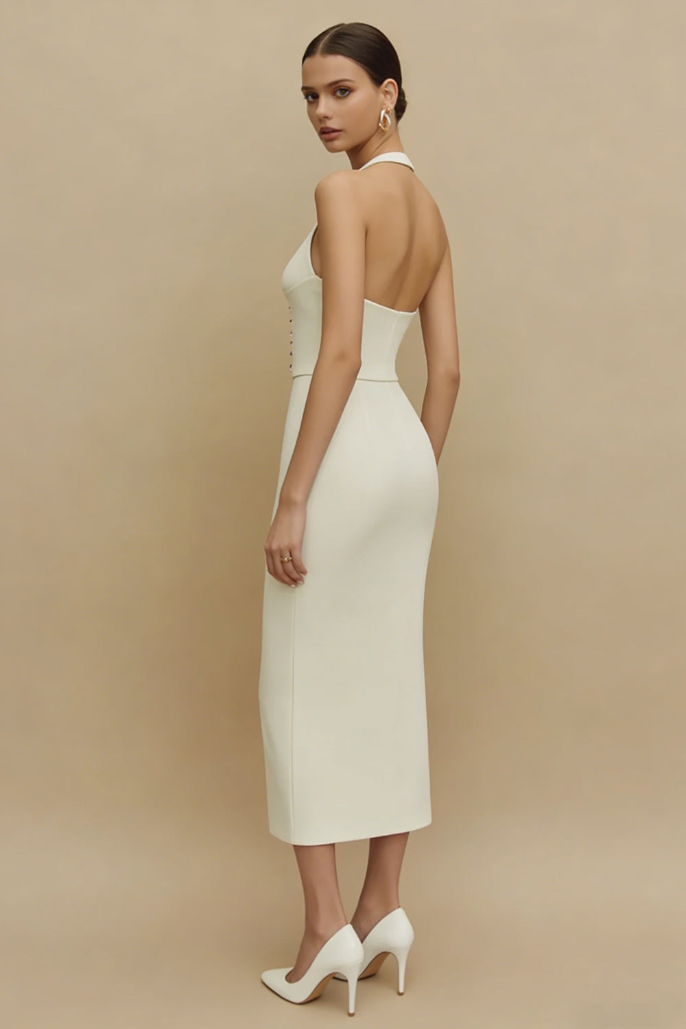 Ivory Halter Sheath Backless Midi Engagement Dress