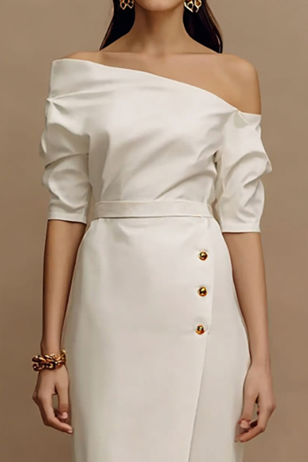 Ivory Sheath Asymmetrical Midi Rehearsal Dinner Dress with Sleeves