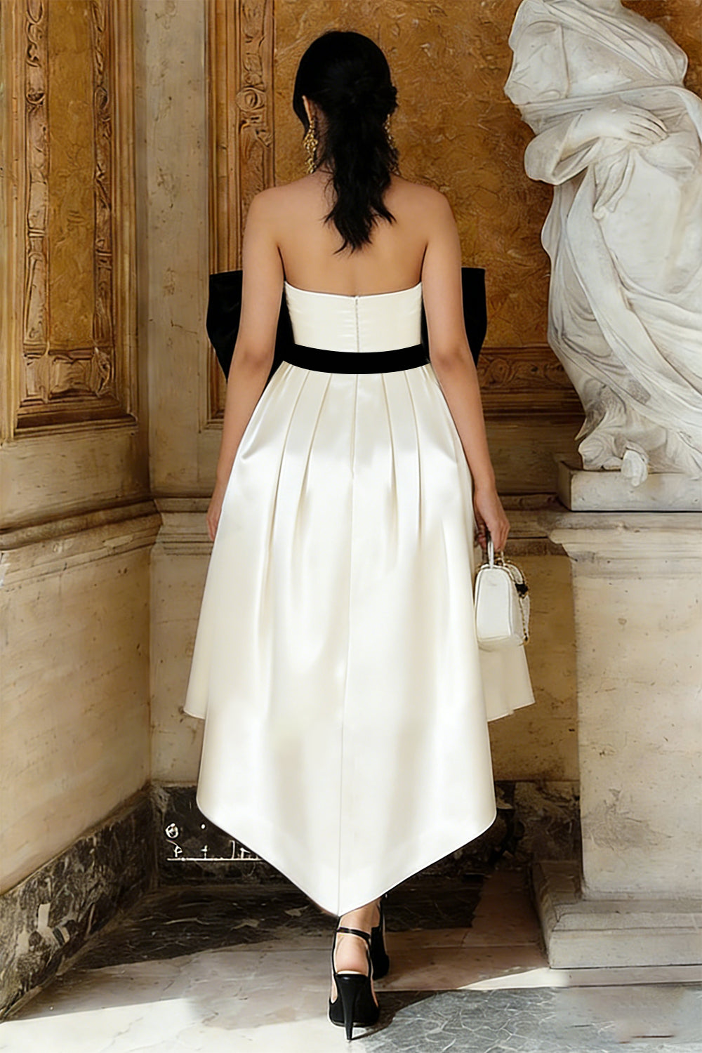 Black and White A Line Satin Engagement Dress with Bow
