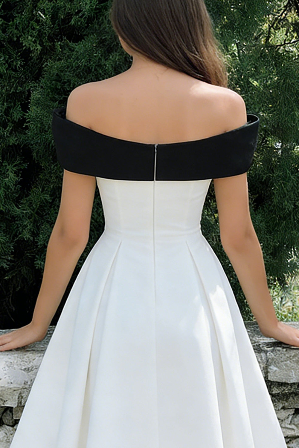 Black and White A Line Satin Off the Shoulder Midi Engagement Dress with Bow