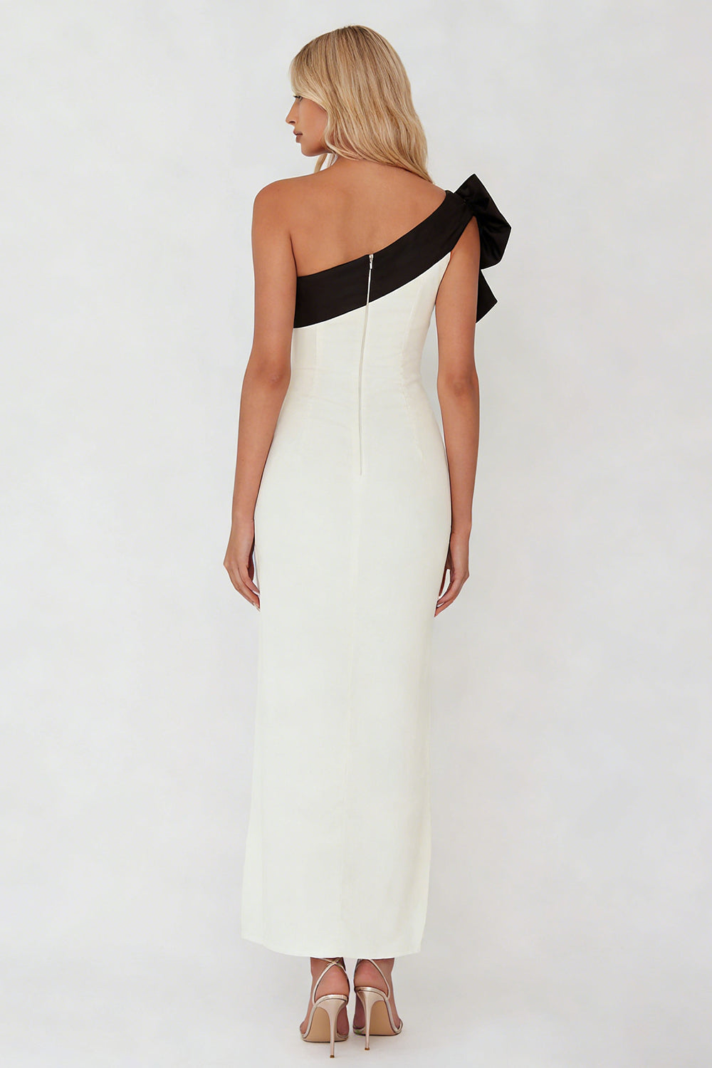 Black and White One Shoulder Sheath Long Formal Dress with Ruffles