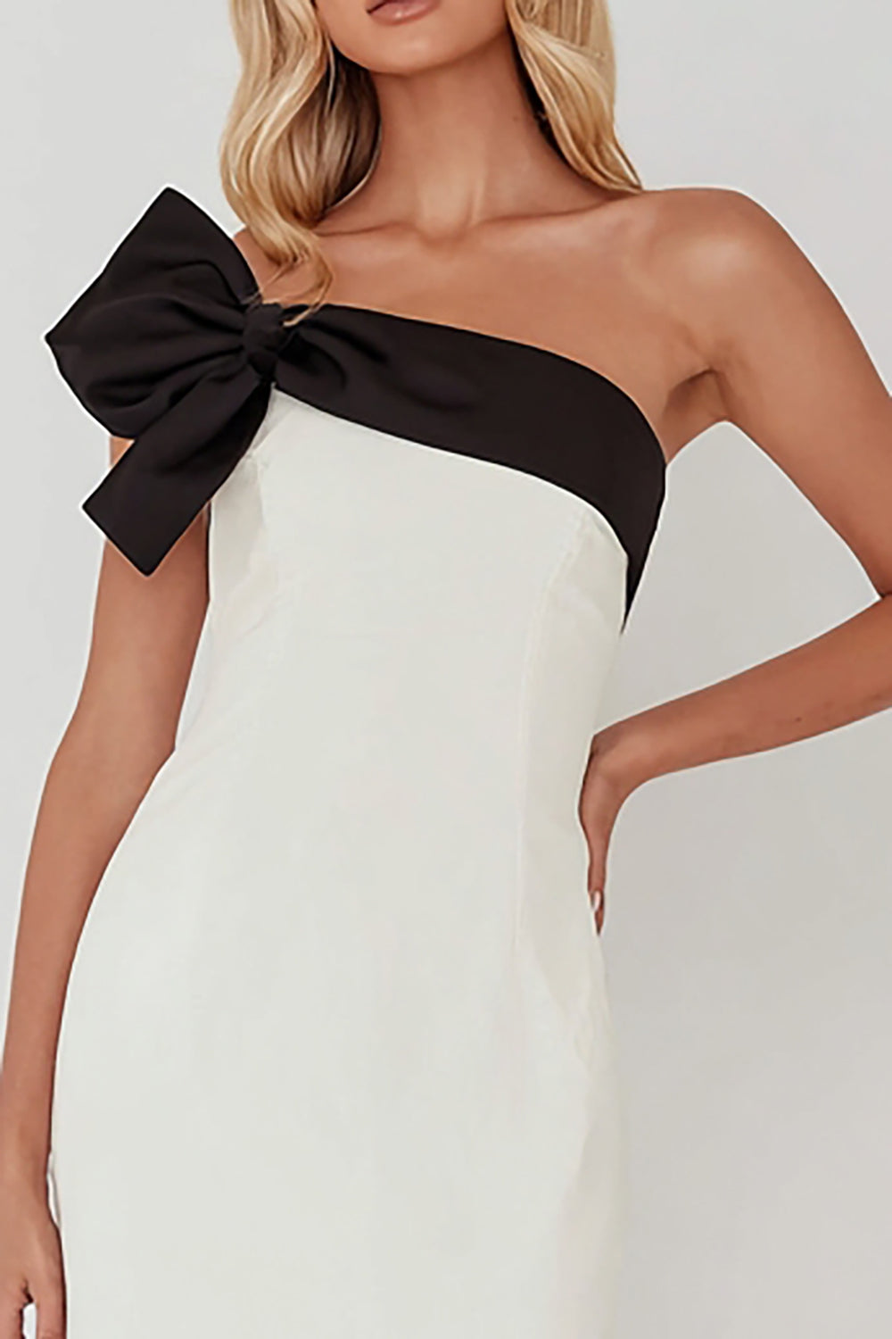 Black and White One Shoulder Sheath Long Formal Dress with Ruffles