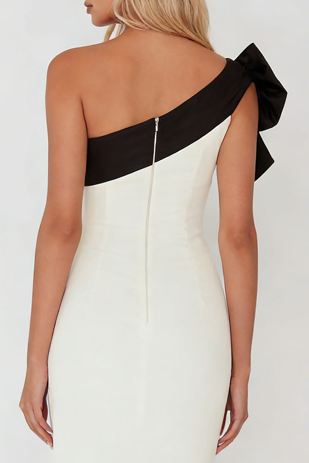 Black and White One Shoulder Sheath Long Formal Dress with Ruffles