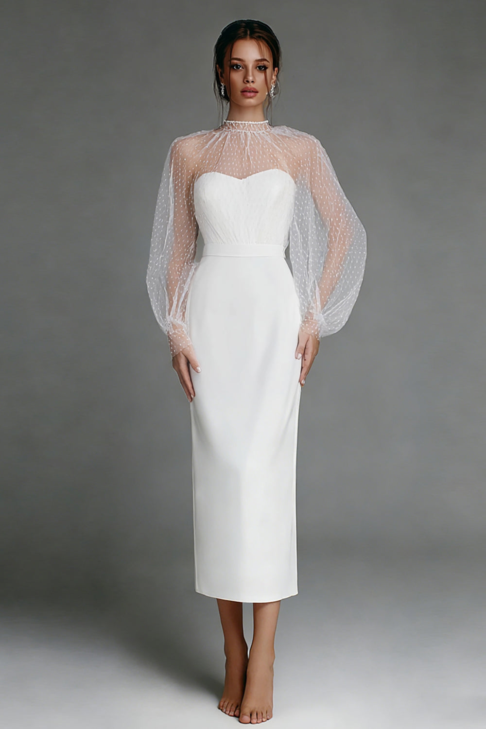 Ivory Sheath Midi Engagement Dress with Sleeves