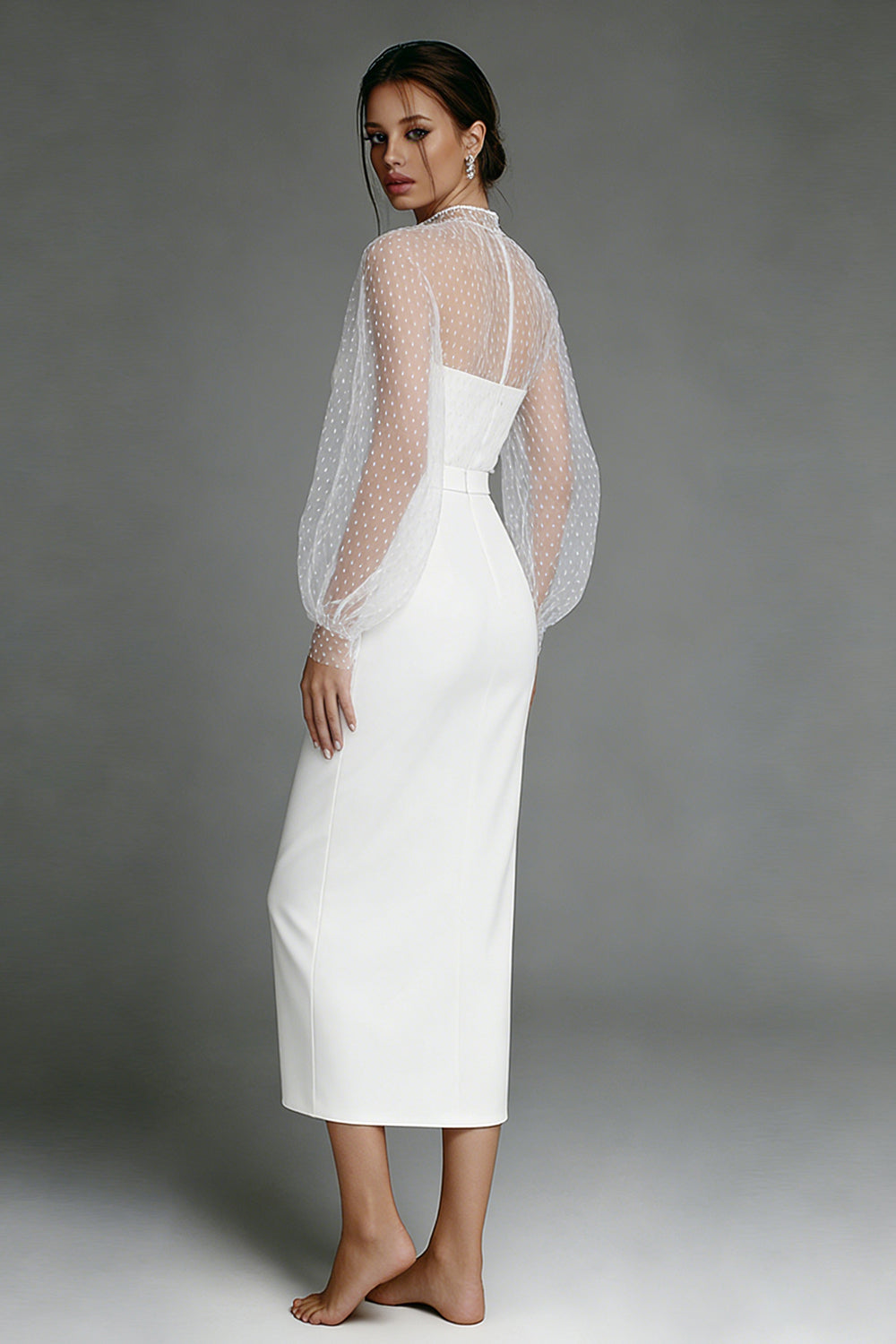 Ivory Sheath Midi Engagement Dress with Sleeves