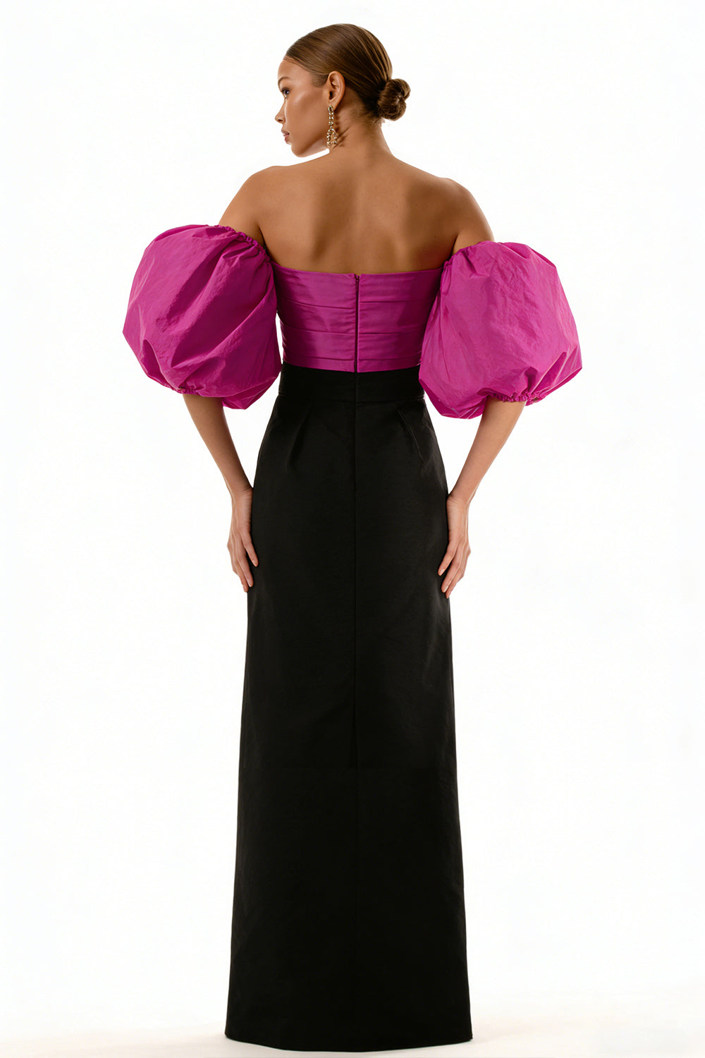 Black and Fuchsia Satin Long Sheath Formal Dress with Sleeves