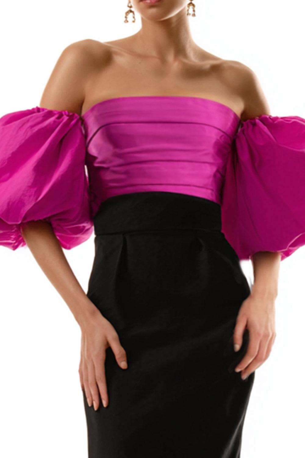 Black and Fuchsia Satin Long Sheath Formal Dress with Sleeves
