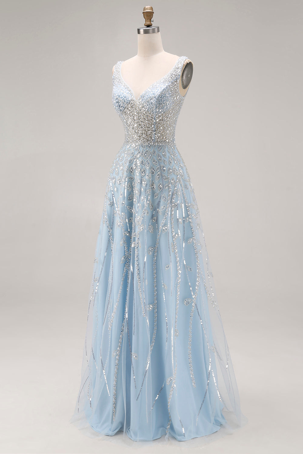 Light Blue A Line Corset Tulle Long Sparkly Prom Dress with Beading