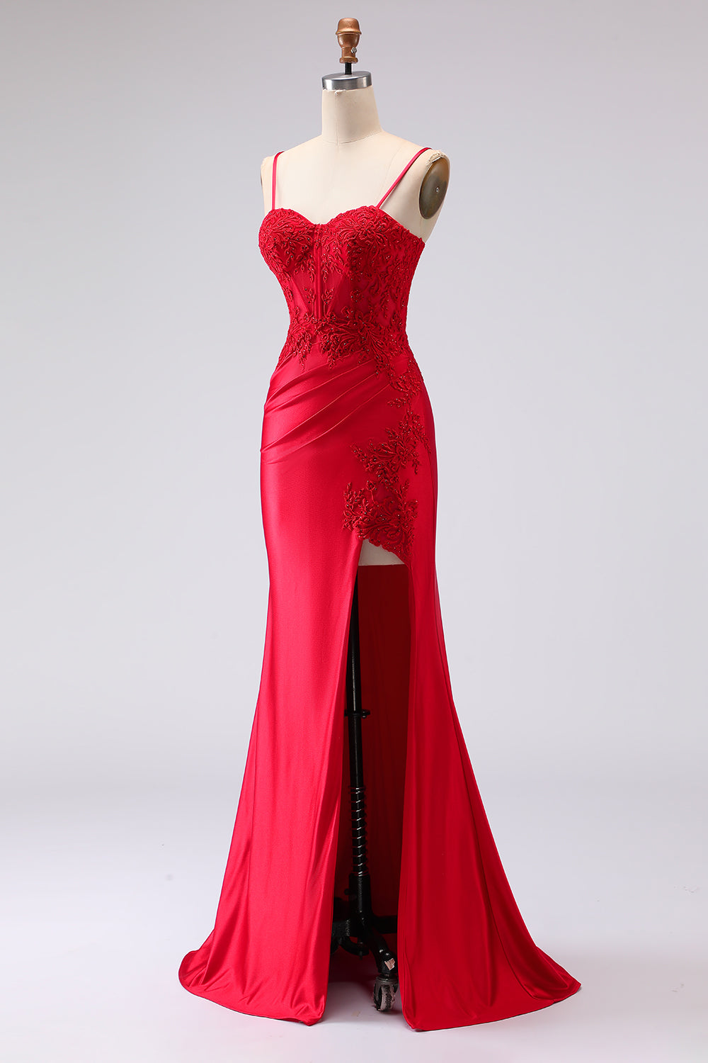 Red Mermaid Spaghetti Straps Long Satin Prom Dress with Slit