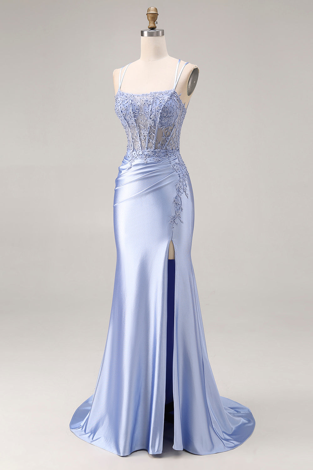 Dusty Blue Mermaid Spaghetti Straps Beaded Long Satin Prom Dress with Slit