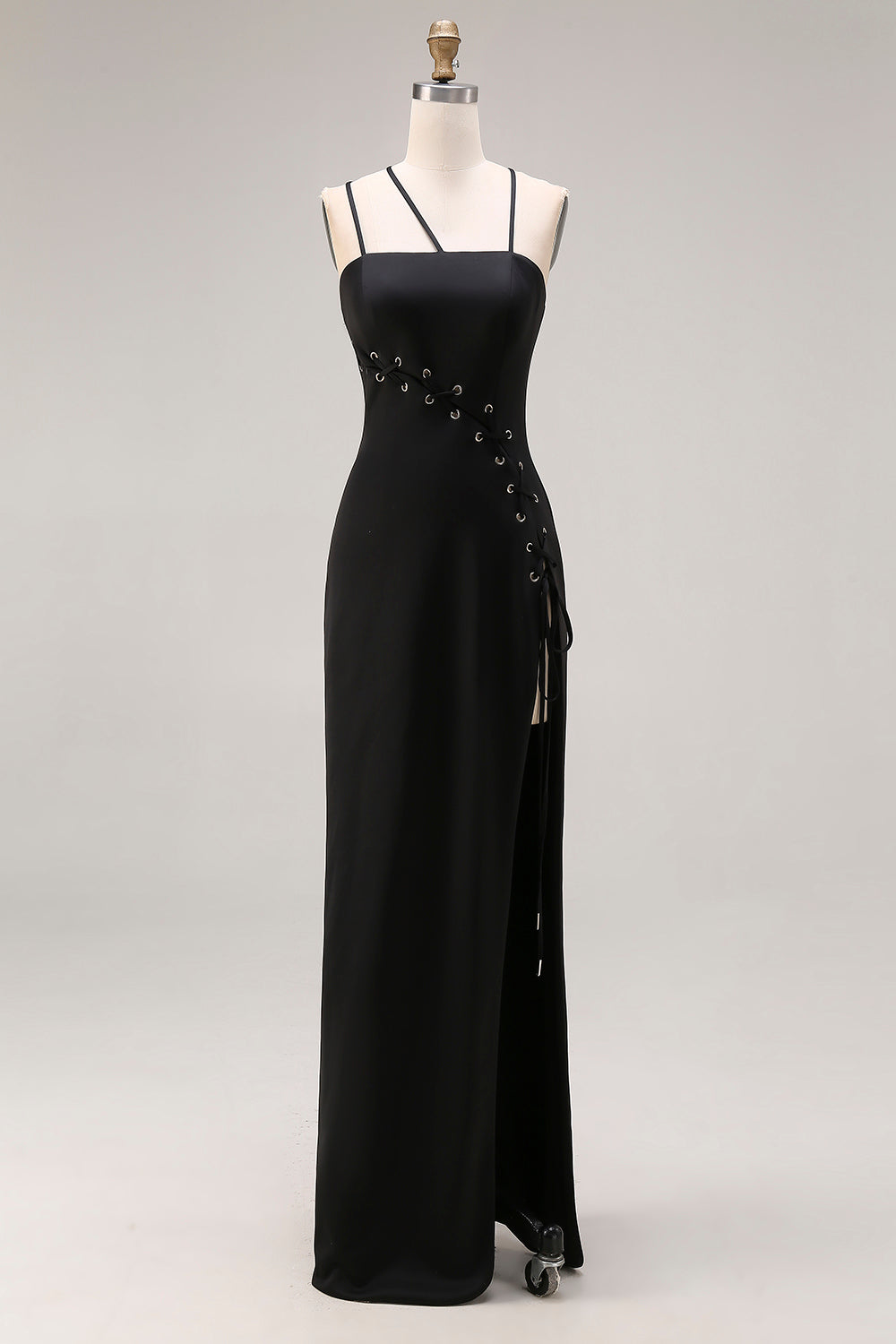 Mermaid Spaghetti Straps Long Black Tie Dress with Slit