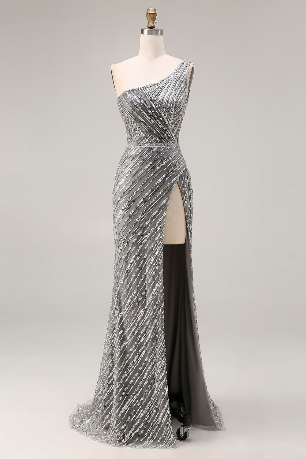 Sparkly Silver One Shoulder Beaded Long Mermaid Prom Dress with Slit