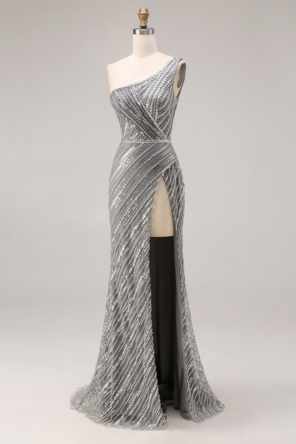 Sparkly Silver One Shoulder Beaded Long Mermaid Prom Dress with Slit