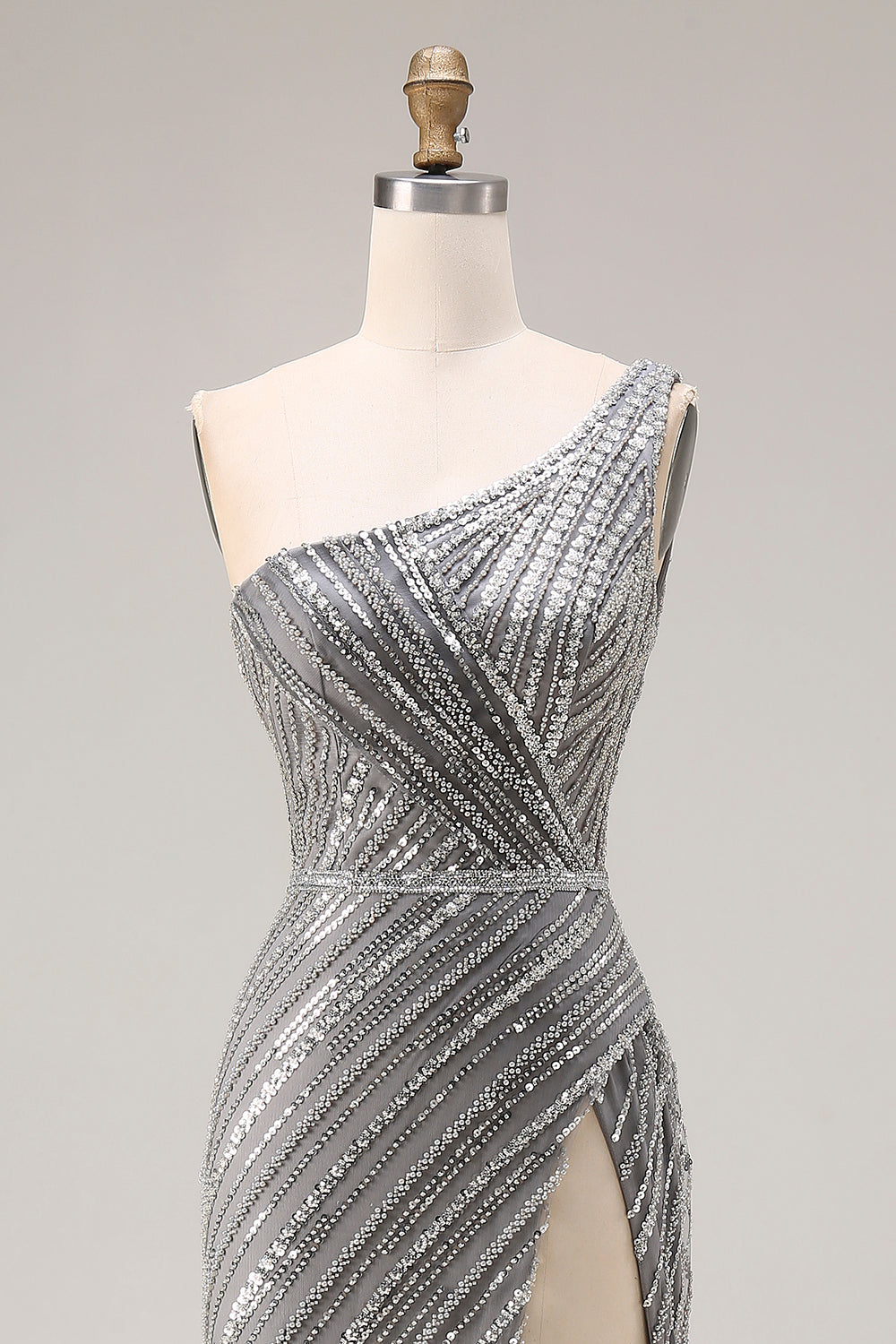 Sparkly Silver One Shoulder Beaded Long Mermaid Prom Dress with Slit