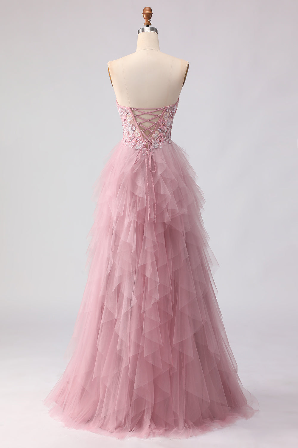 Floral Pink A Line Sweetheart Long Tulle Prom Dress with Ruffles
