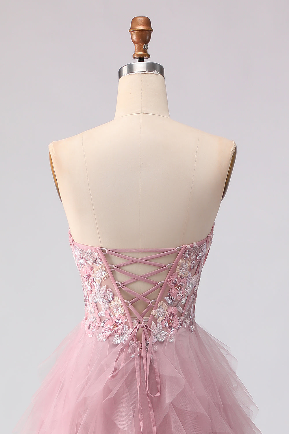 Floral Pink A Line Sweetheart Long Tulle Prom Dress with Ruffles
