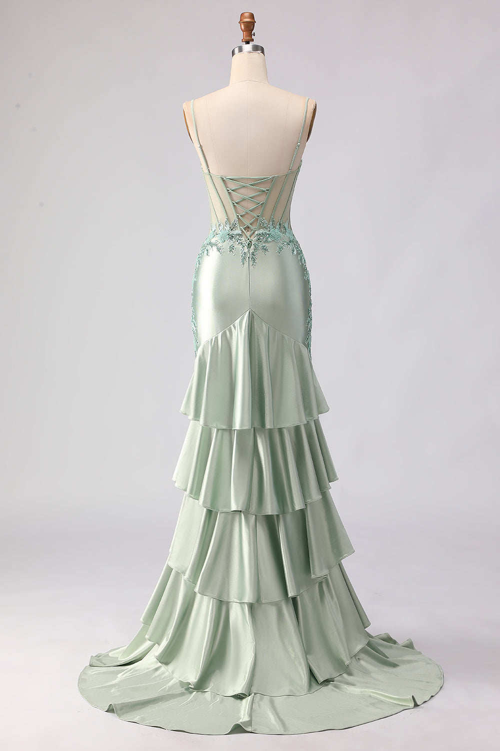 Floral Light Green Corset Satin Long Mermaid Prom Dress with Ruffles