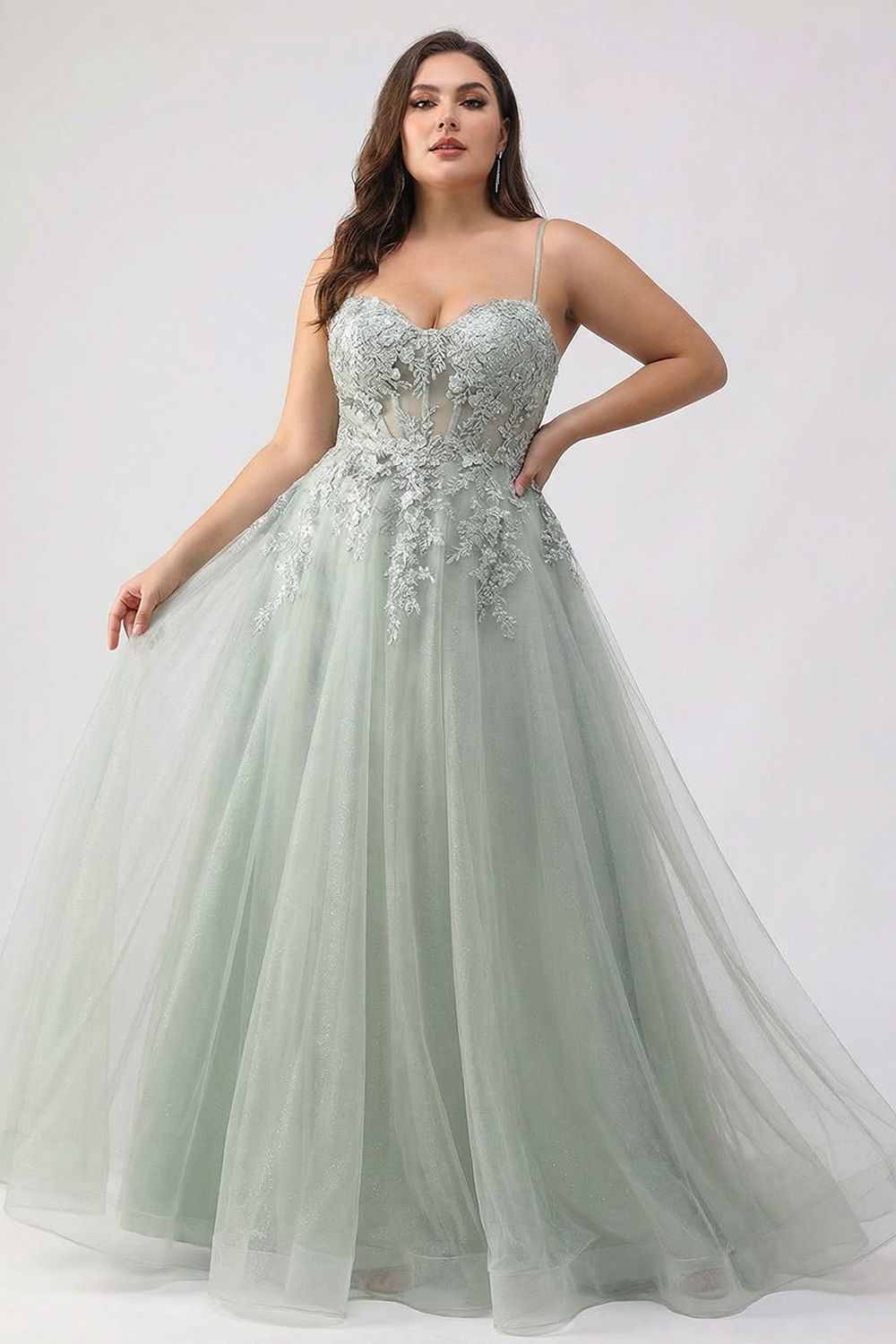 Floral Sage Green Corset A Line Beaded Long Tulle Prom Dress with Slit
