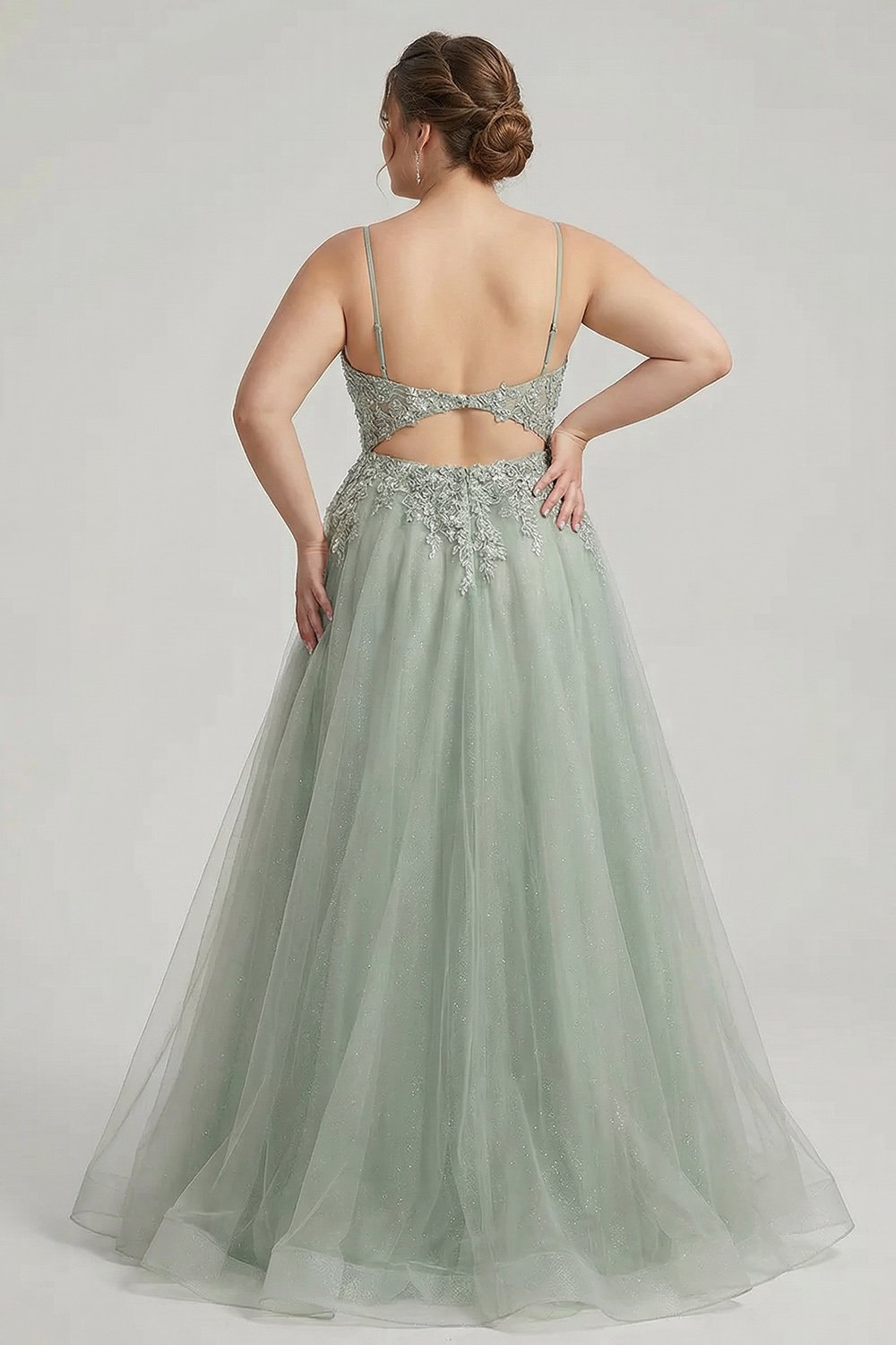 Floral Sage Green Corset A Line Beaded Long Tulle Prom Dress with Slit