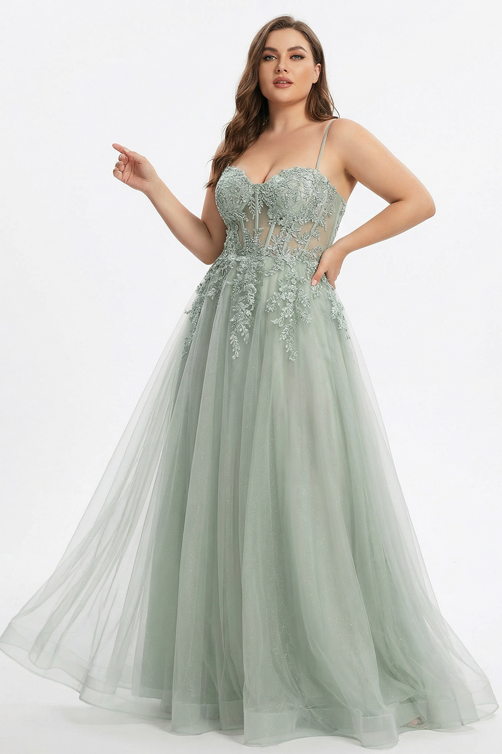 Plus Size Sage Green Corset A Line Tulle Long Floral Prom Dress with Slit