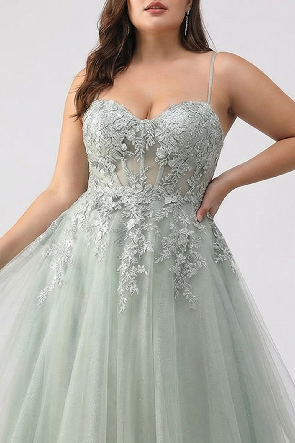 Plus Size Sage Green Corset A Line Tulle Long Floral Prom Dress with Slit