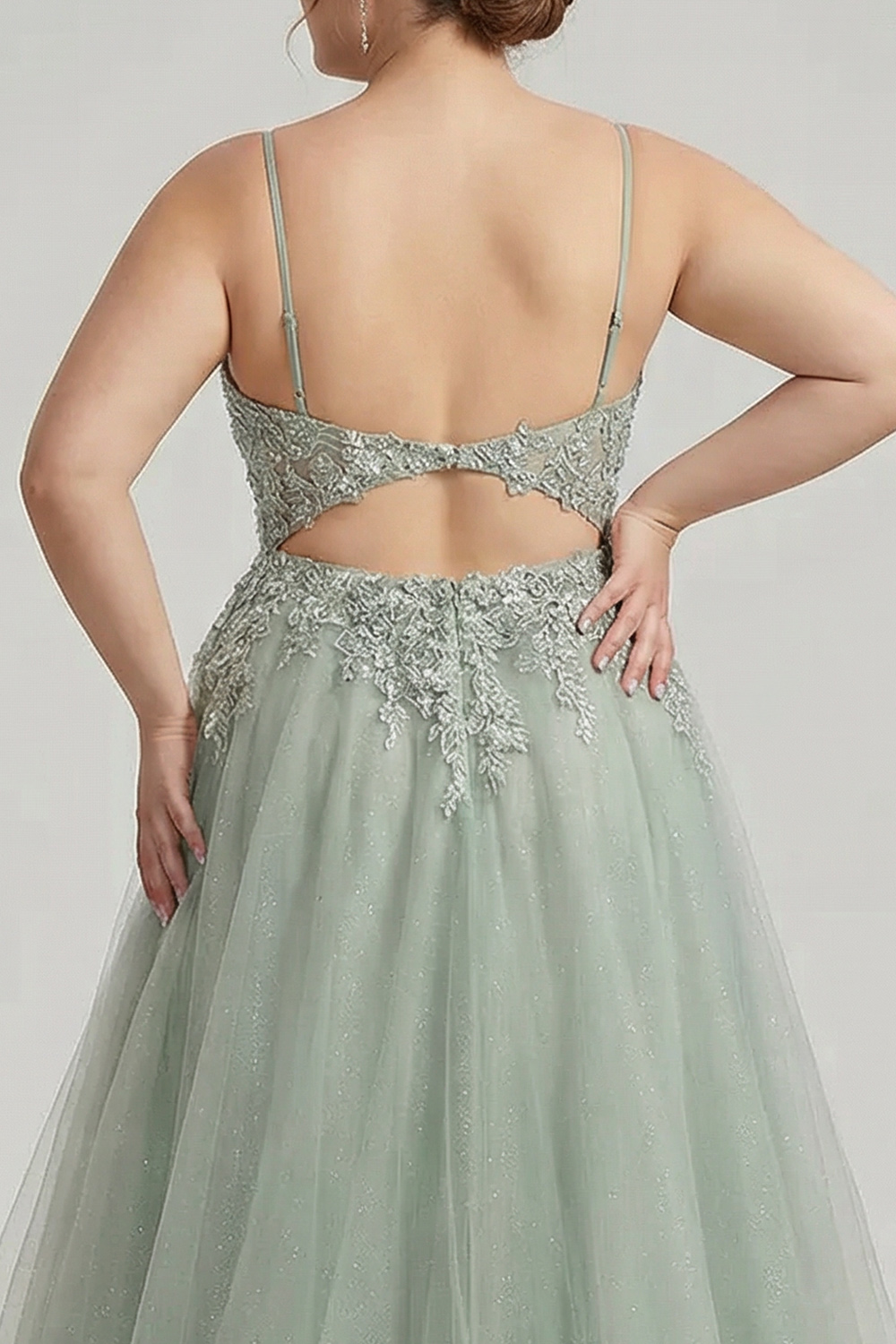 Plus Size Sage Green Corset A Line Tulle Long Floral Prom Dress with Slit
