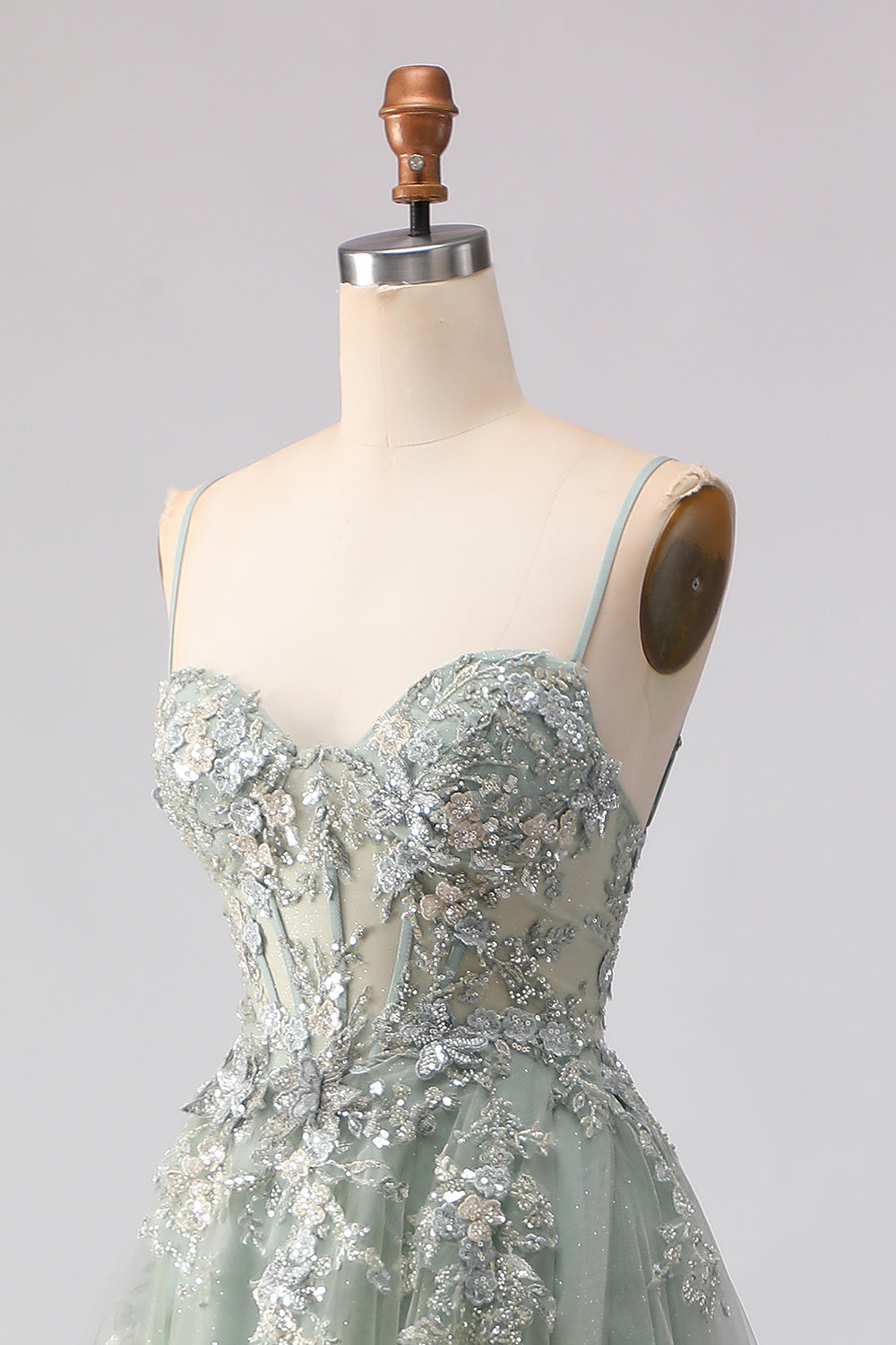 Floral Sage Green Corset A Line Beaded Long Tulle Prom Dress with Slit