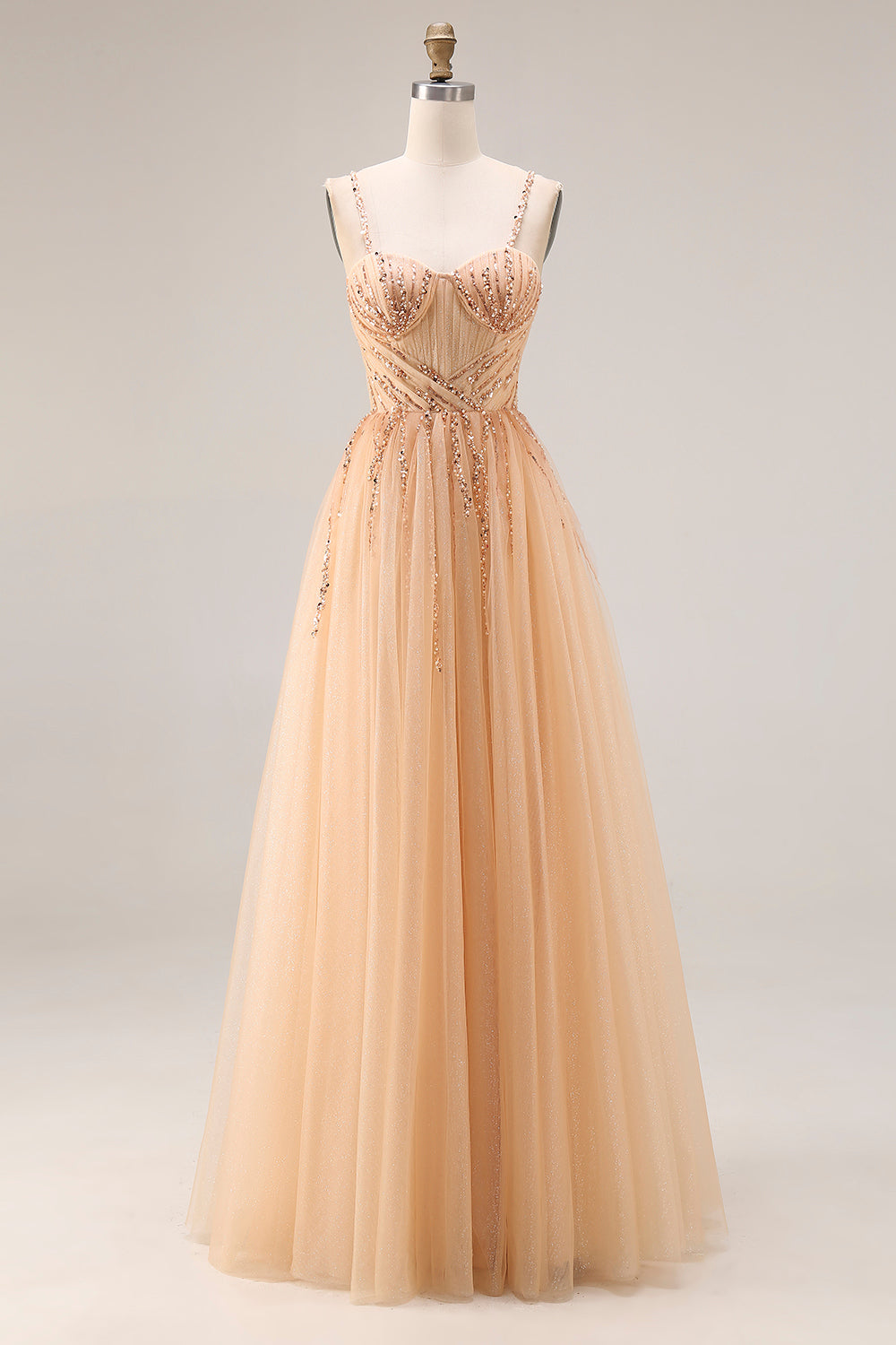 Peach A Line Spaghetti Straps Long Tulle Prom Dress