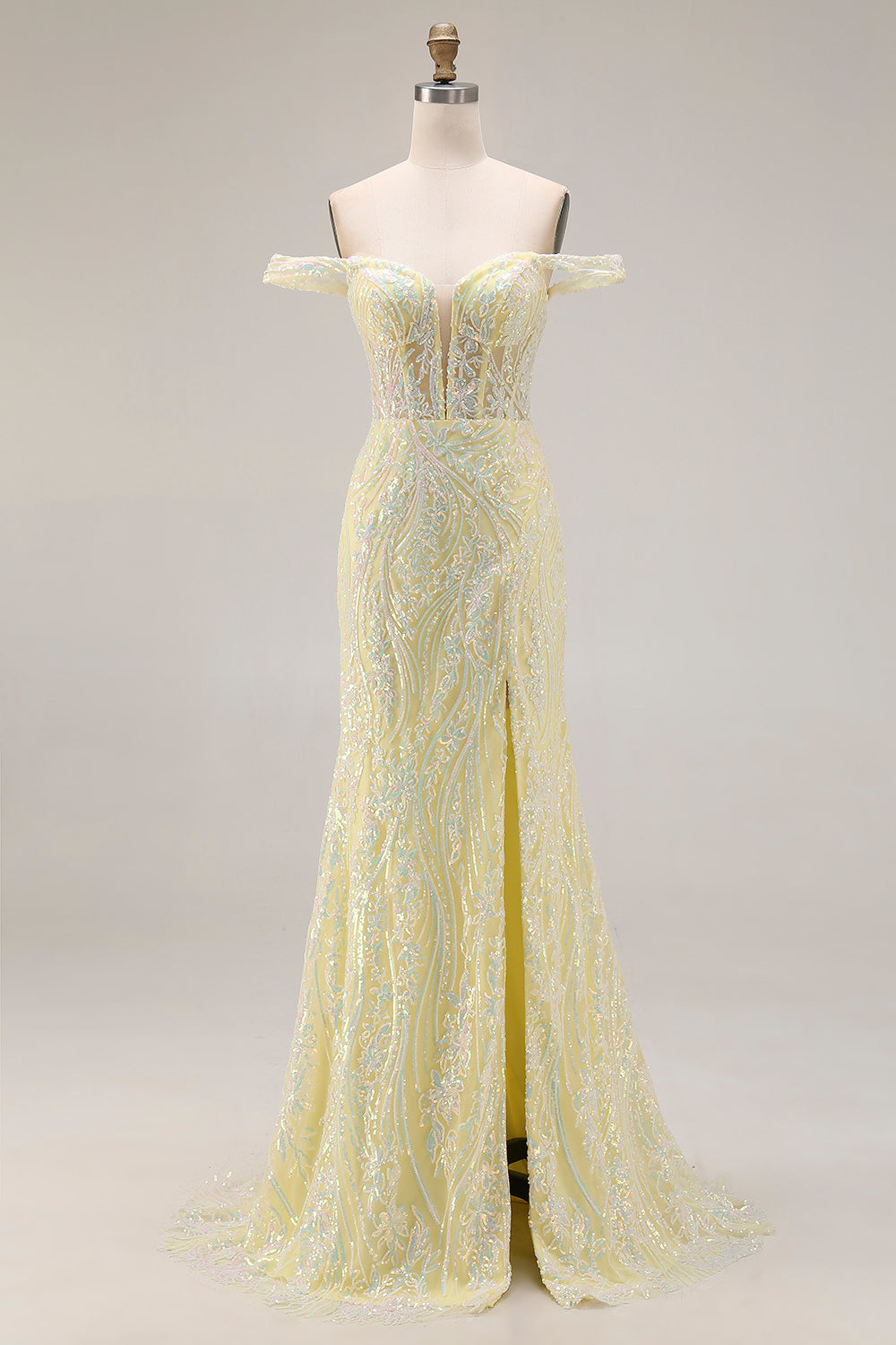 Sparkly Light Yellow Corset Mermaid Long Floral Prom Dress with Slit
