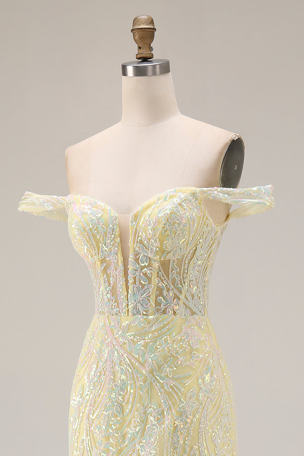 Sparkly Light Yellow Corset Mermaid Long Floral Prom Dress with Slit