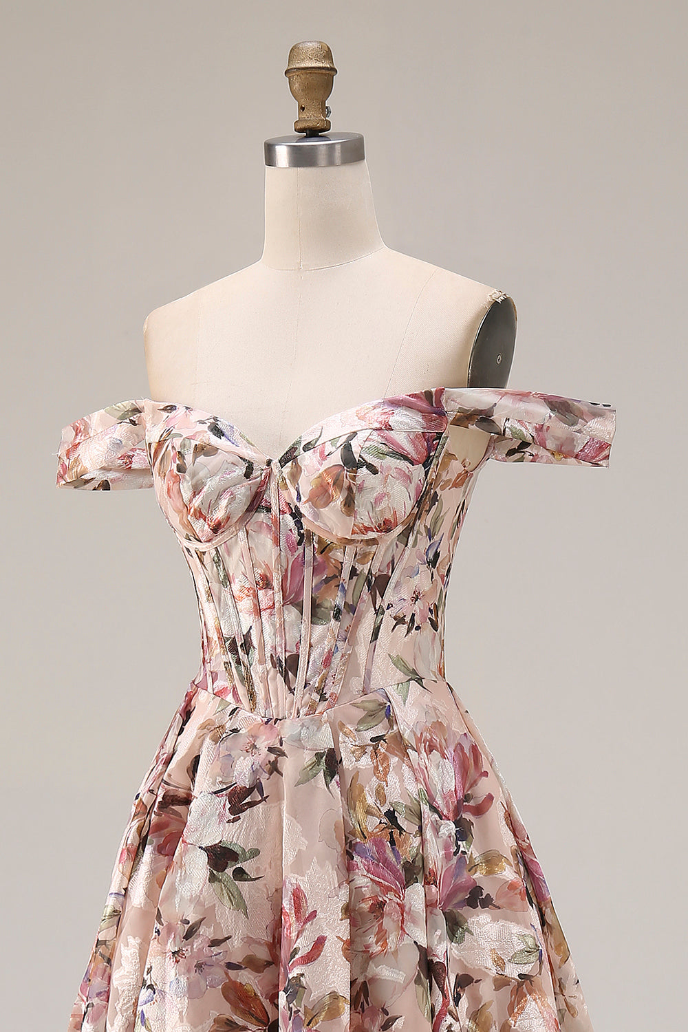 Floral Desert Rose A Line Corset Off the Shoulder Long Satin Prom Dress