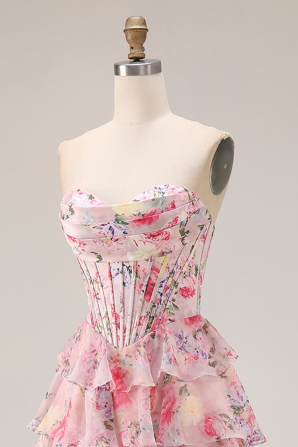 Floral Pink A Line Sweetheart Tiered Long Corset Prom Dress