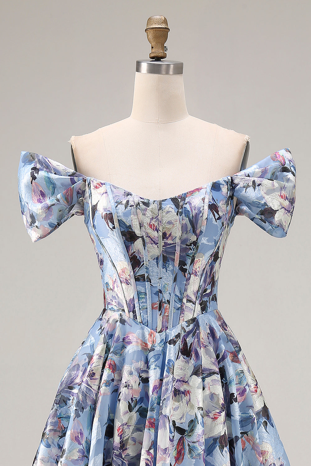 Floral Blue Corset Off the Shoulder Long Satin Prom Dress with Slit