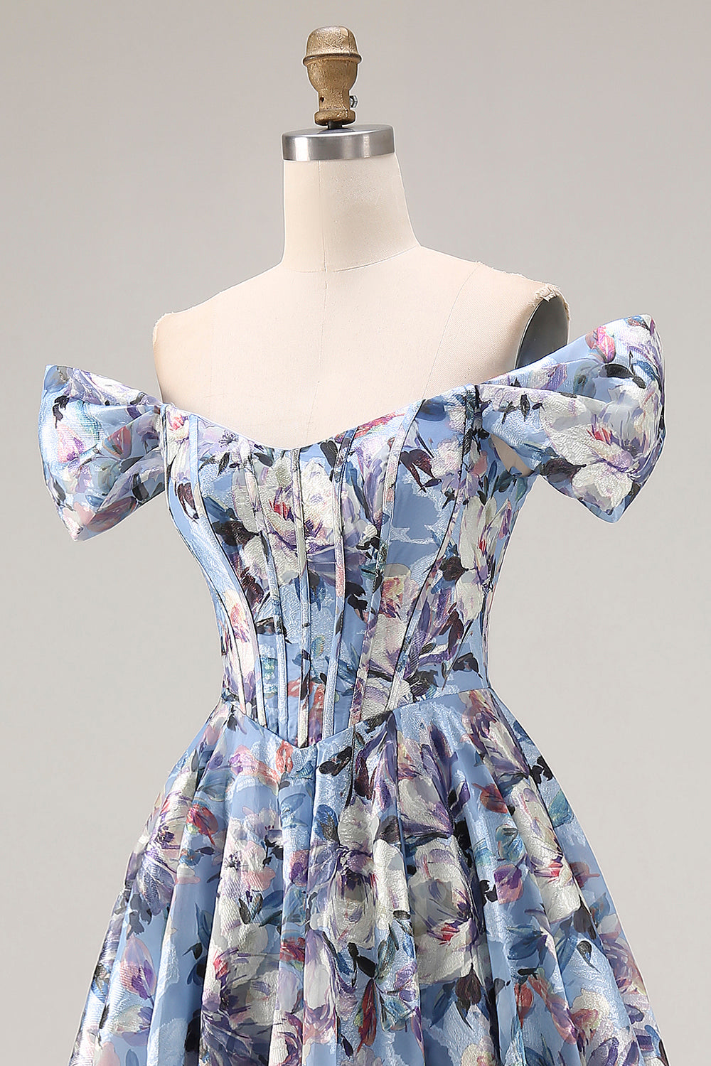 Floral Blue Corset Off the Shoulder Long Satin Prom Dress with Slit