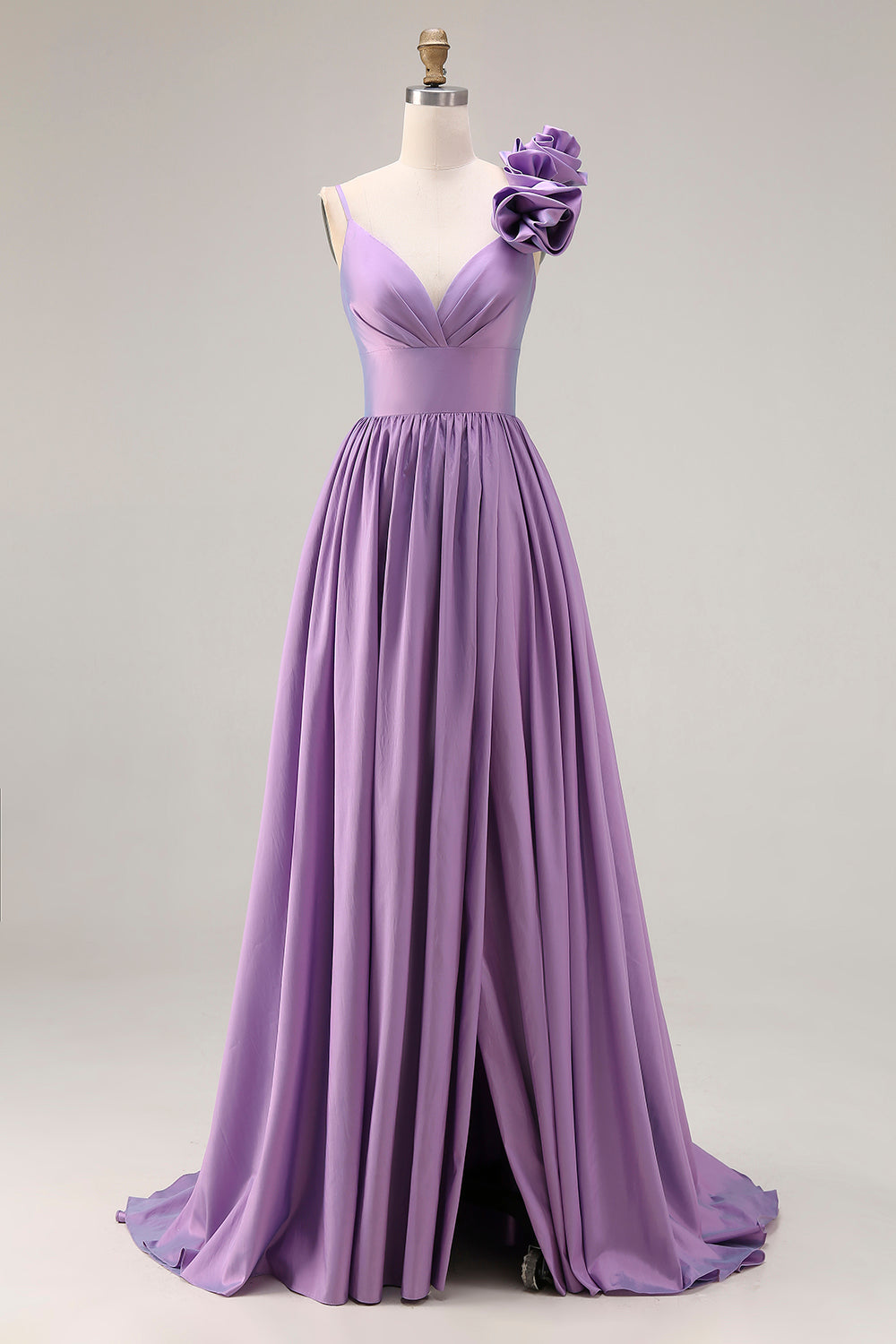 Elegant Purple A Line Spaghetti Straps Long Satin Prom Dress with 3D Flower