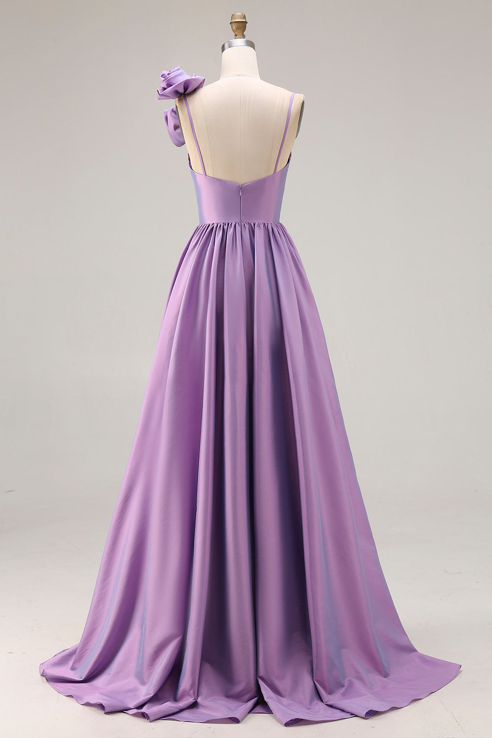 Elegant Purple A Line Spaghetti Straps Long Satin Prom Dress with 3D Flower
