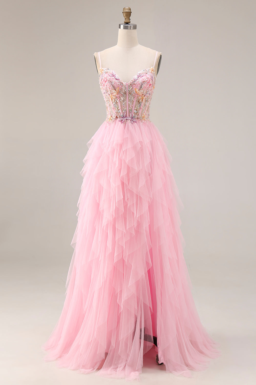 Sparkly Pink A Line Ruffled Long Corset Prom Dress with Slit