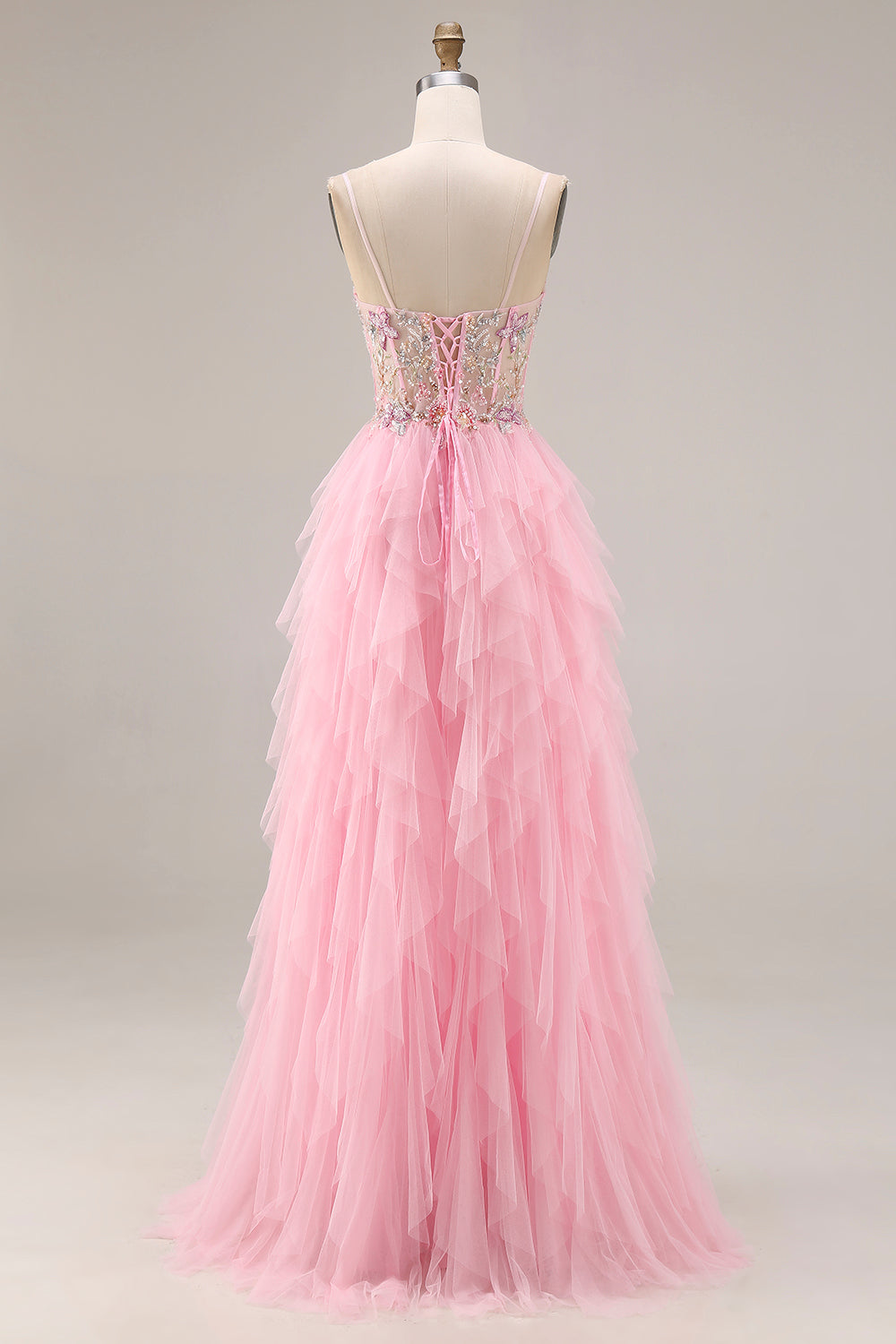Sparkly Pink A Line Ruffled Long Corset Prom Dress with Slit