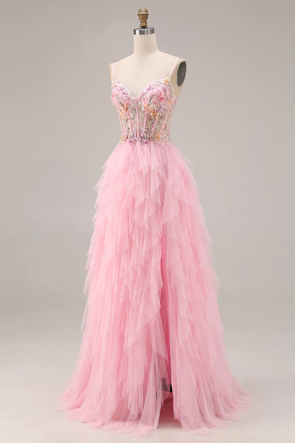 Sparkly Pink A Line Ruffled Long Corset Prom Dress with Slit