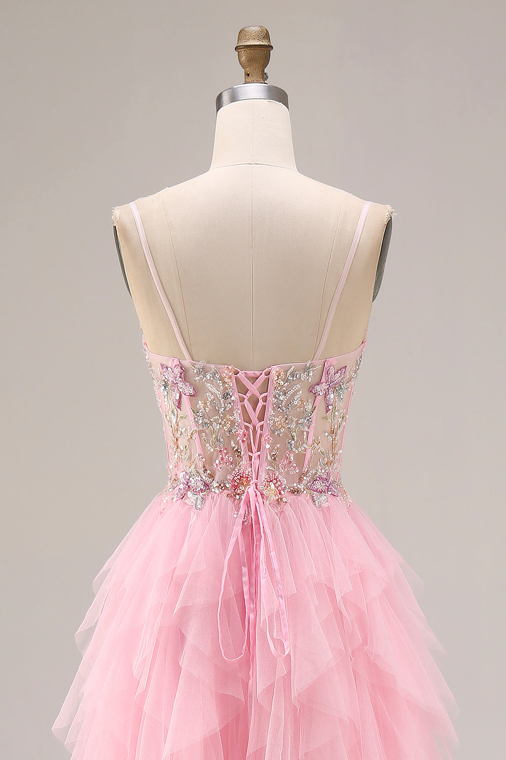 Sparkly Pink A Line Ruffled Long Corset Prom Dress with Slit