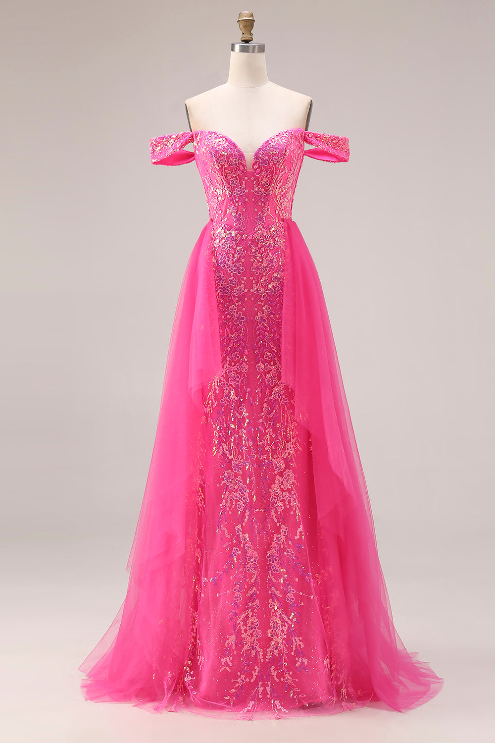 Sparkly Fuchsia Mermaid Off the Shoulder Long Sequins Prom Dress with Cape