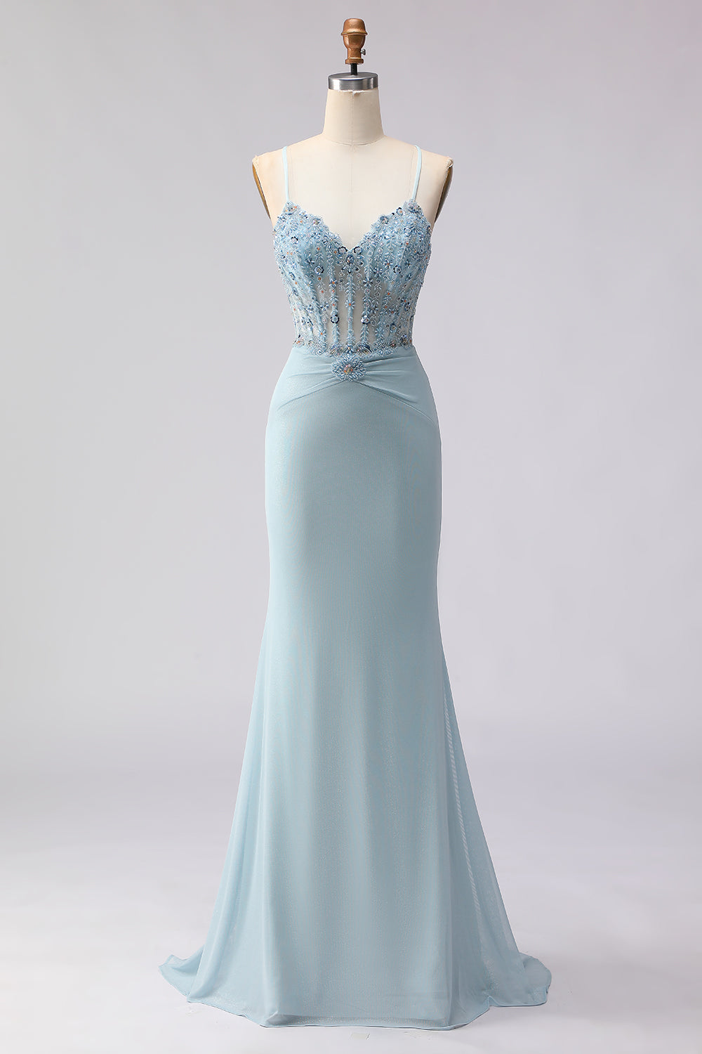 Dusty Blue Corset Beaded Spaghetti Straps Long Mermaid Prom Dress