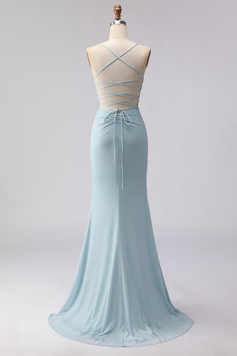 Dusty Blue Corset Beaded Spaghetti Straps Long Mermaid Prom Dress