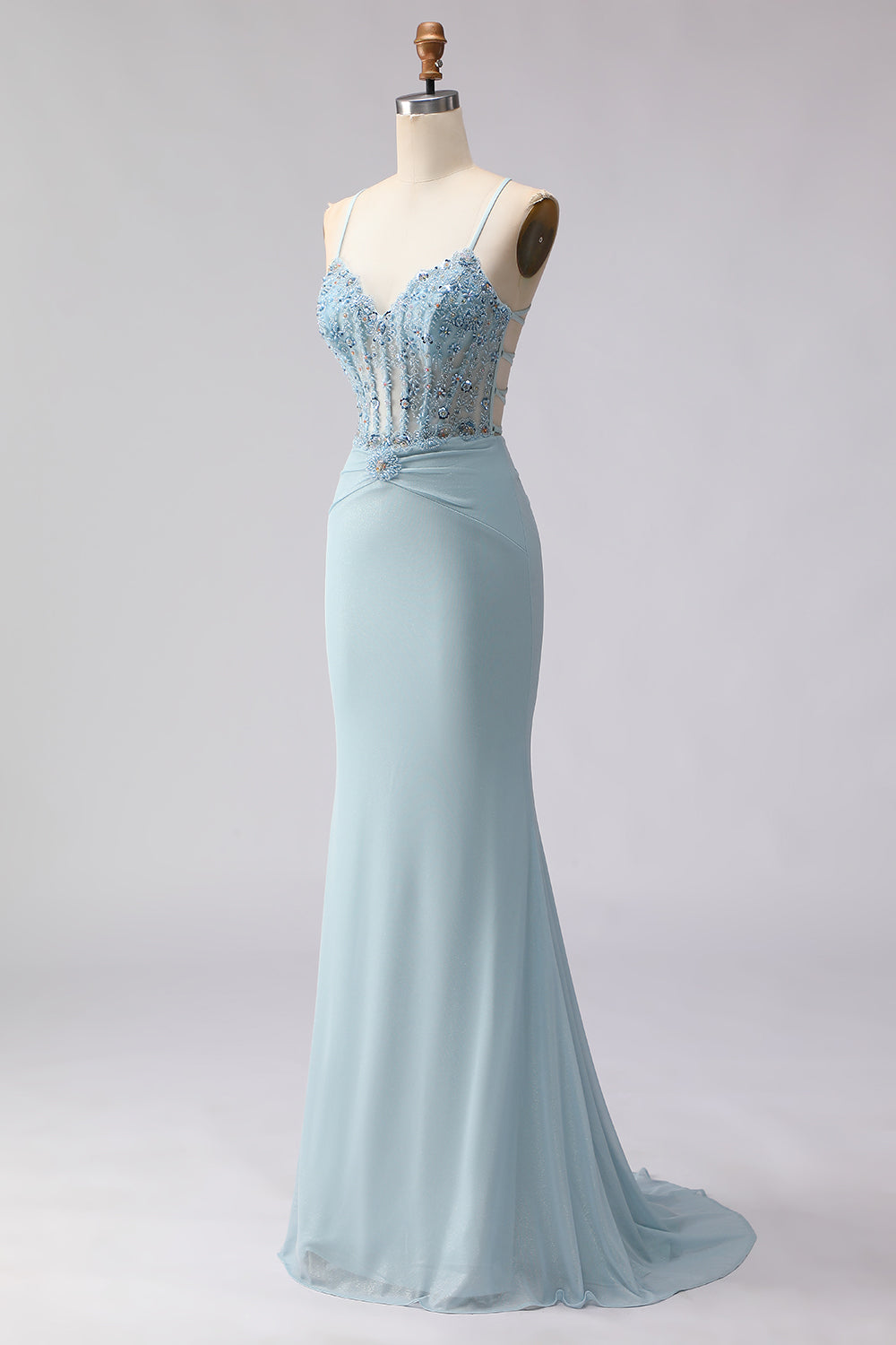 Dusty Blue Corset Beaded Spaghetti Straps Long Mermaid Prom Dress